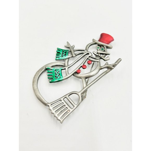 Vintage Signed JJ Snowman Christmas Holiday Brooch Pin Pewter & Enamel Red Green - Picture 6 of 8